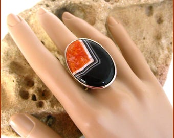 Ring - Large Agate, black/white/Orange - Adjustable - ring, anillo