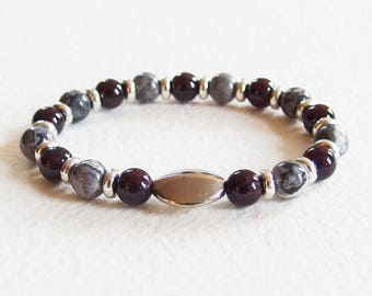 Bracelet Homme Pierre de Gemme et Métal Argenté - Perles Grenat et Jaspe gris - Bijou créateur en pièce unique