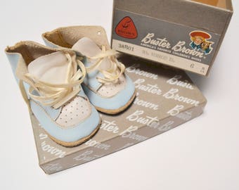 vintage baby shoes in box, Buster Brown, baby blue and white leather, size 2