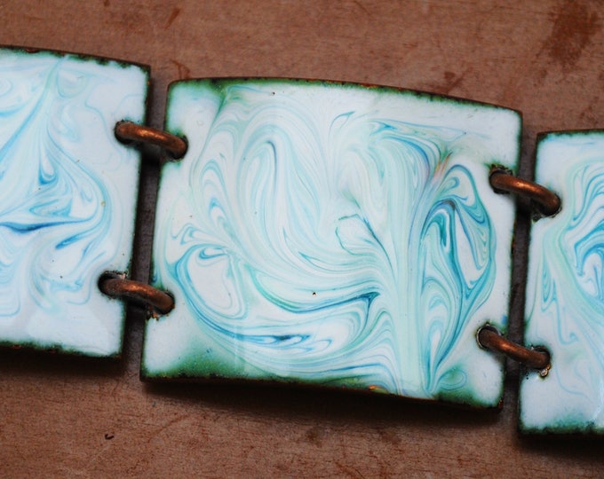 Copper Enamel Panel Bracelet - Blue green white marble enameling - Chunky Boho Link Bangle