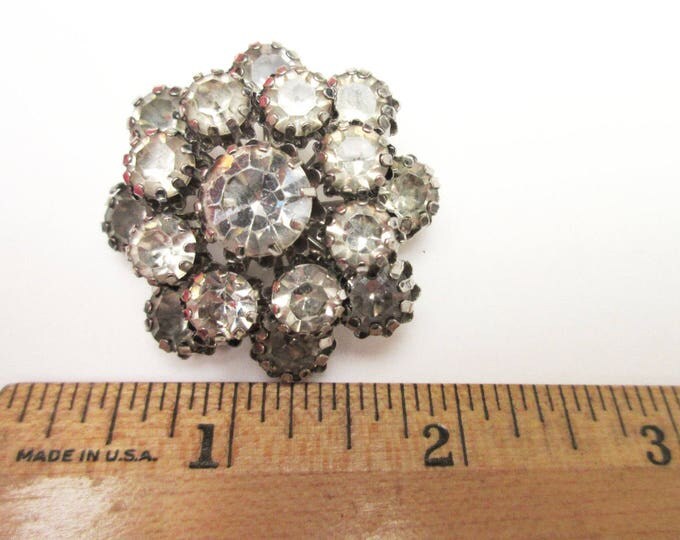 Atomic Rhinestone Brooch - Clear Ice crystal -domed layered - Mid century pin