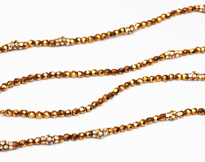 Gold glass and Rhinestone bead necklace - glamour golden silver bling - 46 inch long Flapper necklace