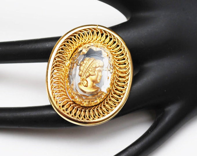 intaglio cameo Brooch - reversed Carved - Roman bust with Gold plated twisted Coil wire - Crystal pin