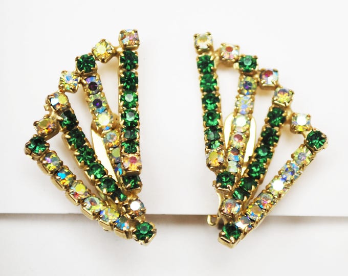Hobe Bead earrings - Green Rhinestone - AB aurora borealis Crystal - gold plated - clip on earring