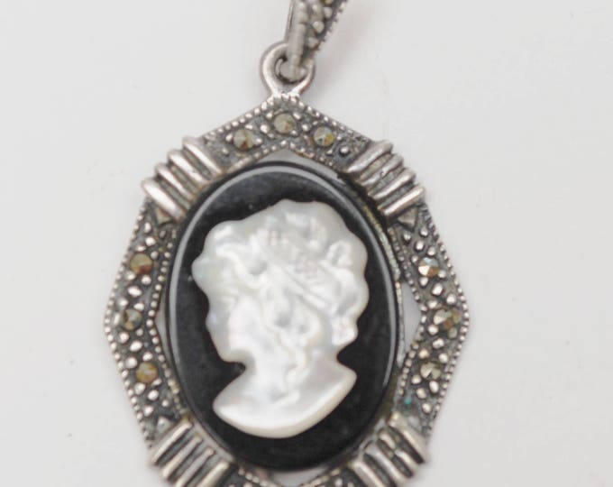 Cameo necklace - Sterling Silver Marcasite - White Mother of Pearl - black Onyx - Women profile