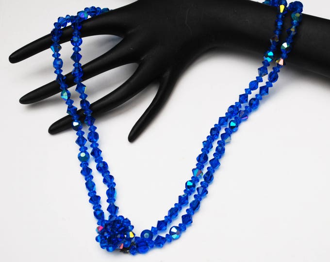 Blue Crystal bead Necklace - double strand - cut crystal glass beads - Cluster bead clasp - 23 inches long