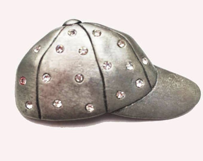Vintage Rhinestone Brooch - Pewter Baseball cap - Figural Hat Pin - Retro 1980's - Signed JJ - Jonette Jewelry Co.