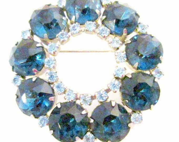 Blue Rhinestone Wreath Brooch - mid century - light and dark blue Crystal Round pin