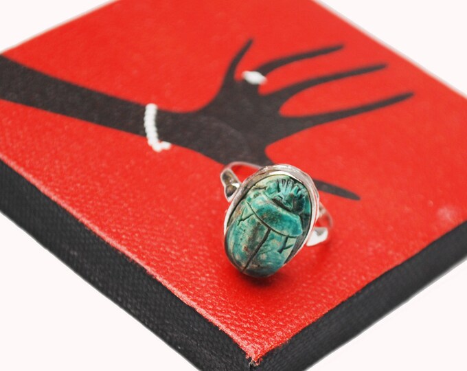 Carved Scarab Sterling ring - Blue ceramic - Egyptian Revival - Turquoise Beetle - size 5 silver ring