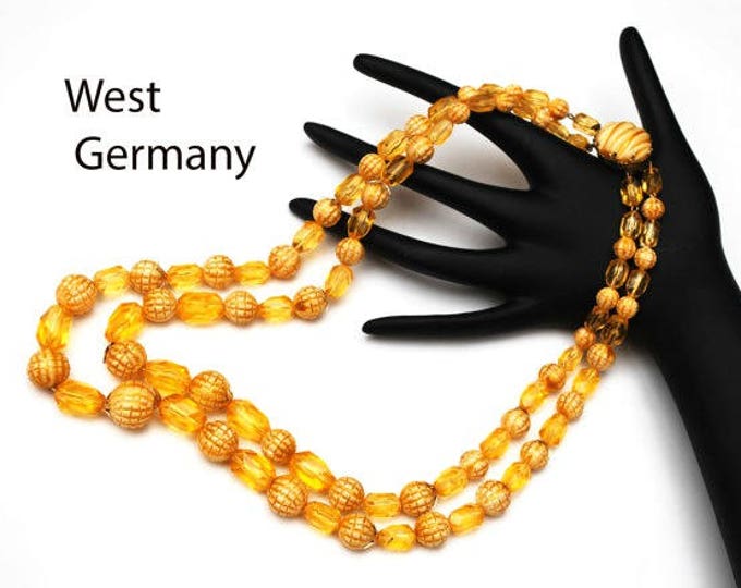 Double strand Bead Necklace - Amber Brown cream Lucite - West Germany - beads