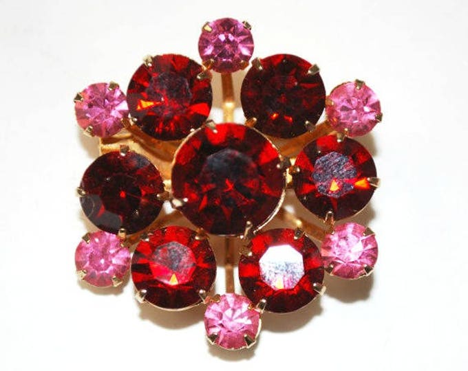 Coro Rhinestone Brooch - Ruby Red and Pink - Flower Floral - Atomic - mid Century pin