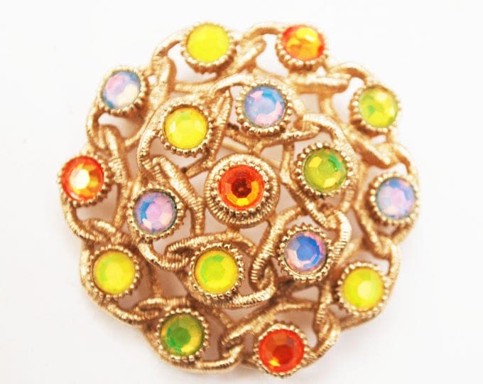 Sarah Cov Rhinestone brooch - moon Lite - orange yellow green crystal - gold - Floral pin -