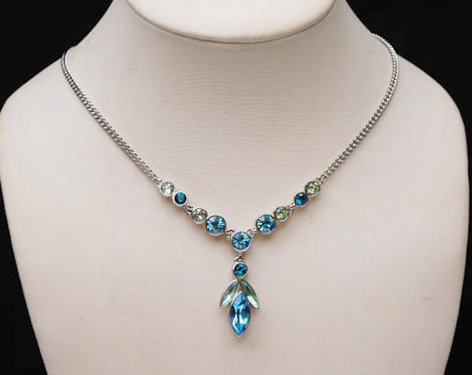 Givenchy Rhinestone Necklace - Blue Green crystal silver - signed