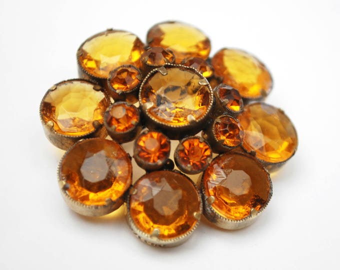 Amber Rhinestone Flower Brooch - Signed Czecho - Orange Crystal - open back gold plated - Citrine glass - pin