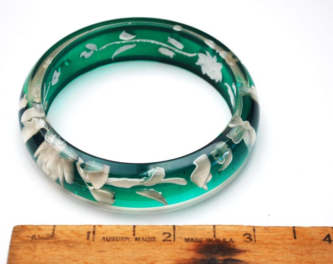 Green White Flower Bangle - Reversed Carved - molded white Intaglio floral - Green Lucite bracelet