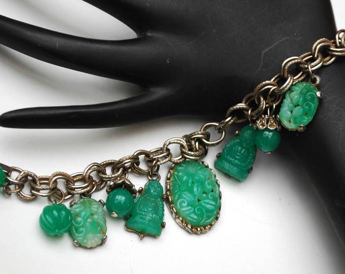 Green Glass Charm Bracelet - Asian Buddha - Peking molded Glass - Silver chain - Cha cha Dangle bangle