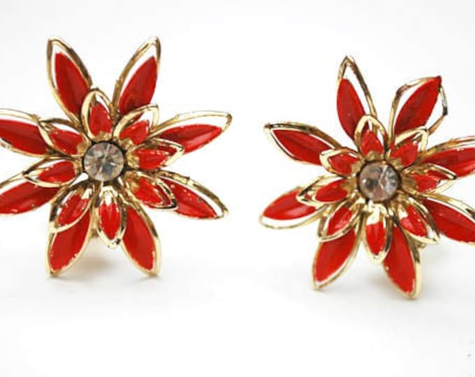 Enamel Flower Brooch earring set - orange red gold metal - Clear Rhinestone - Mid Century