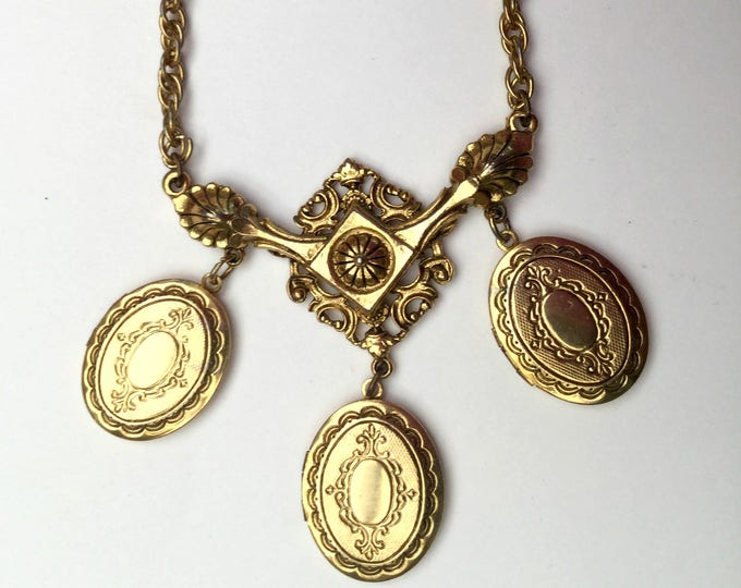 Locket necklace - Signed Art - Triple three locket - gold chain - Art Mode company - Victorian Revival - Pendants