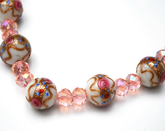 Pink Italian Bead necklace - Wedding cake - floral white gold pink Glass beads - Pink Crystal - Venitian - Murano -