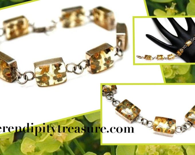 Sterling Link bracelet - Dried Yellow Flower in resin stone - Lucite bangle