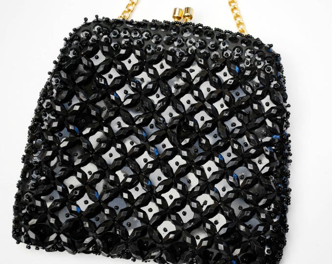 Black beaded evening bag - Signed Made in Hong Kong - vintage hand bag purse Clutch - gold chain strap