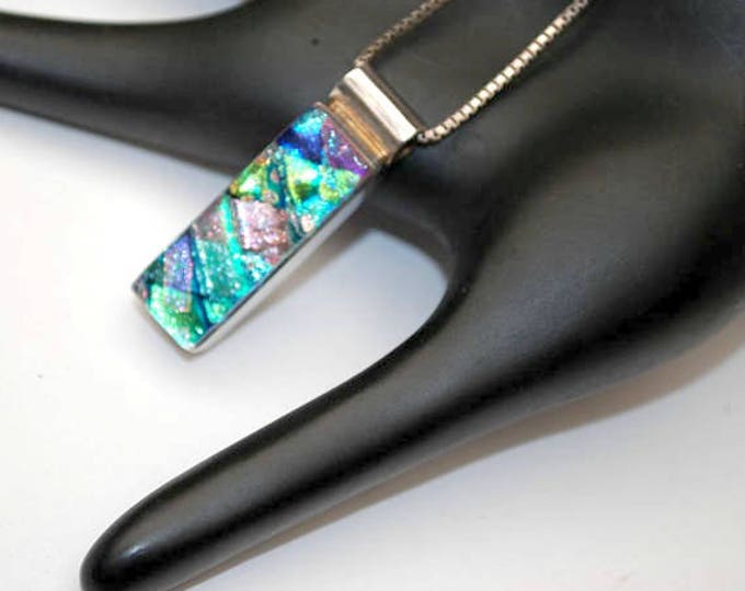 Dichroic Fused Glass Necklace - Sterling silver - Mexico Pendant- Italy chain Blue green Aqua Purple art glass necklace