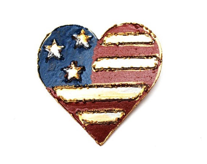 Flag Heart Brooch - Red white Blue - American flag painted on copper metal heart pin