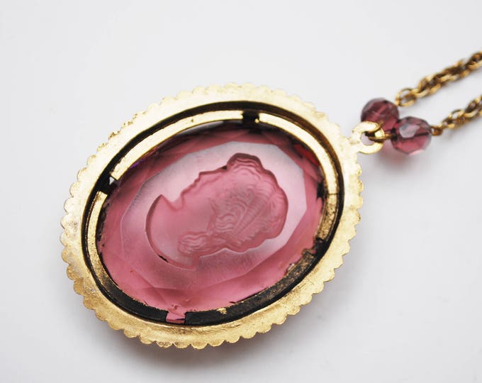 intaglio cameo necklace - reversed Carved - Women Profile - Amethyst purple glass - Gold plated