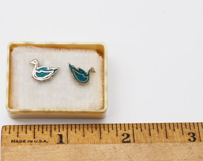 sterling duck earrings - Turquoise inlay - Blue gemstone - Silver stud figurine pierced earrings