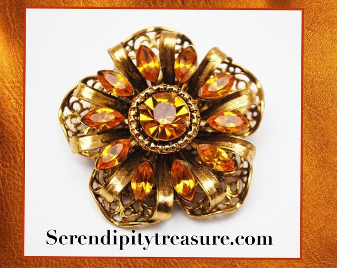 Rhinestone Flower Brooch - Amber Orange Crystal - Gold Filigree - Floral pin