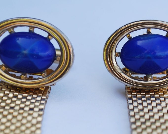 Blue Star Sapphire Glass Cufflinks - Blue glass Cabochon - fold over gold wrap mesh metal