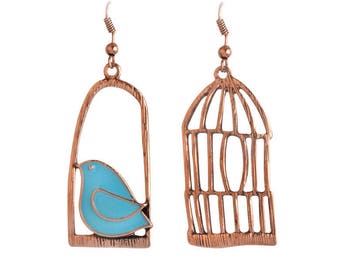 Asymmetric Earrings - bird and cage - copper