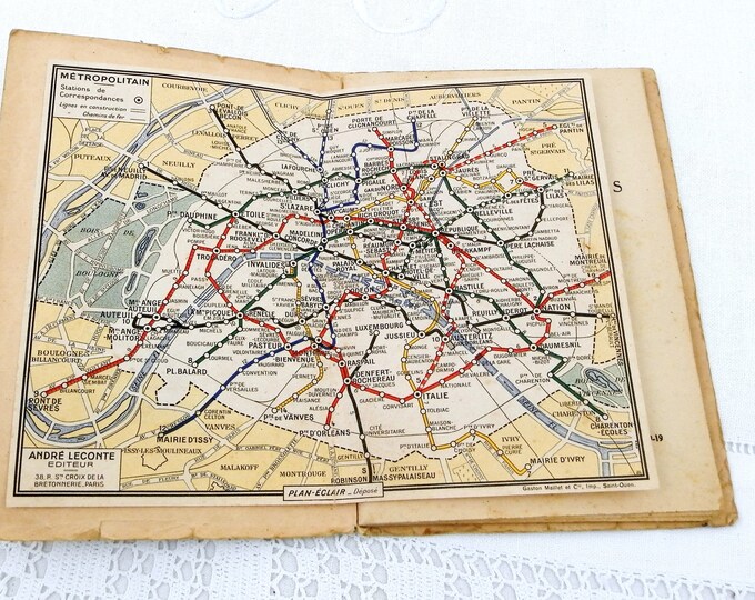 Antique French Tourist Street Guide of Paris and Versailles 64 Pages with Colored Map of the Metro Subway, Parisian Vacation Booklet