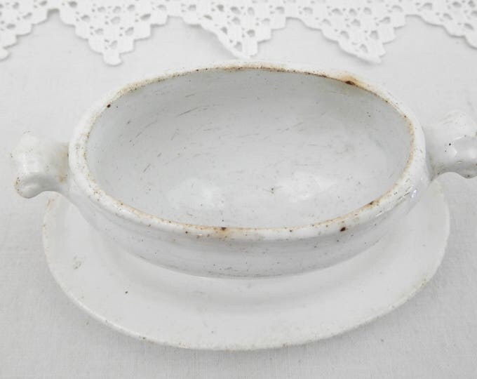 Antique French White Bone China Mustard Dish with Lid, Small Sized Sauce Boat, Chateau Chic Tableware Ceramic Serving Dish with Ears