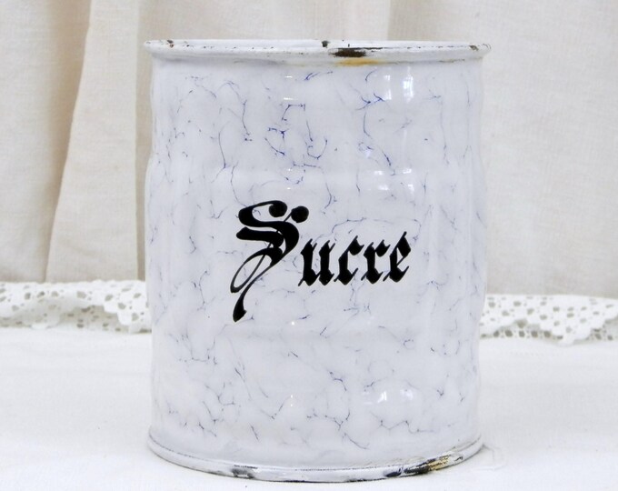 Antique French Chippy White and Blue Marbled Enamel Sugar Canister with Gothic Lettering, French Country Kitchen Enamelware Decor