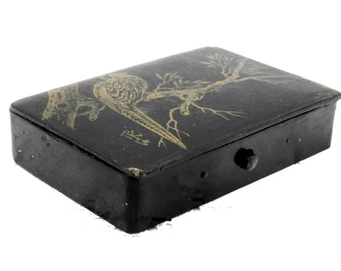 Antique Napoleon III / 3 Black Lacquer and Gold Gilt Carton Bouilli / Papier Mache Playing Card Box Signed by Artist Featuring a Pheasant
