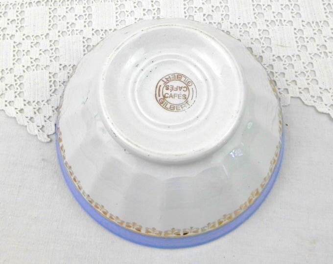Antique Blue and White with Gold Gilt Frieze Farmhouse Ceramic Scalloped Sided Coffee Bowl from France, French Gilbert Café Bowl, Latte