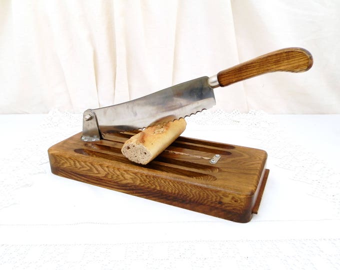 Vintage French Guillotine Bread Knife with Crumb Collecting Tray Made of Walnut Wood and Stainless Steel, Baguette Cutting Board, Kitchen