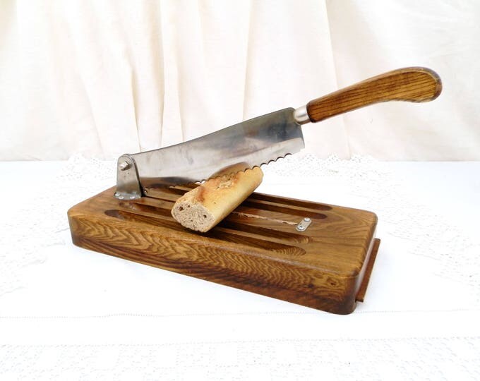 Vintage French Guillotine Bread Knife with Crumb Collecting Tray Made of Walnut Wood and Stainless Steel, Baguette Cutting Board, Kitchen