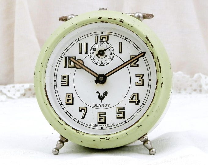 Vintage Working French Shabby Chippy Art Deco Mint Green Blangy Mechanical Wind Up Alarm Clock, Brocante Bedside Timepiece from France