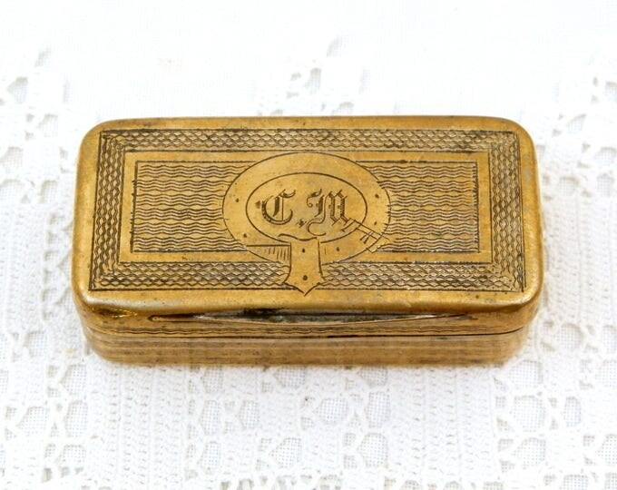 Antique French Victorian Rectangular Small Brass Box Engraved with the Monograms CM, Metal Snuff Box with Initials CM From France, Retro Tin