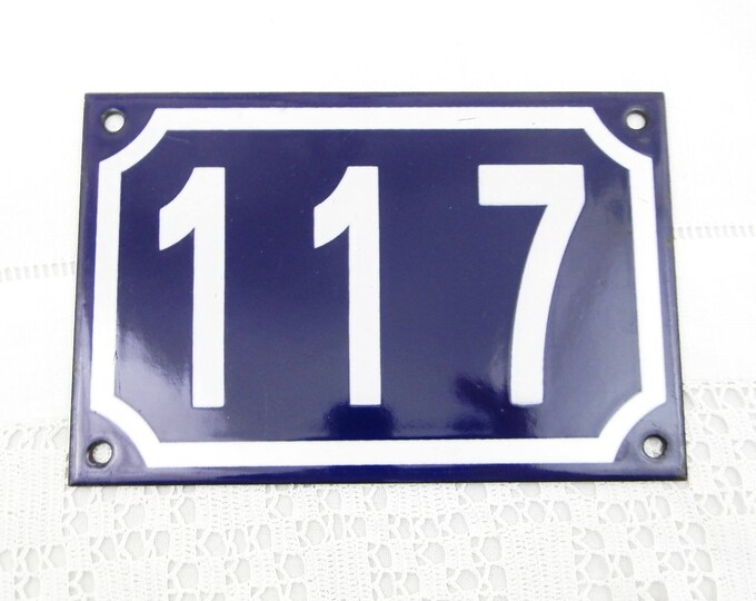 Blue and White Enamel Metal Number Plaque 117, Vintage French House Street Enameled Sign