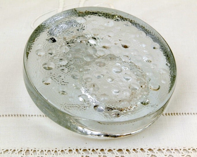 Vintage Solid Crystal Glass Mid Century Candle Holder, 1970s Chamberstick made of Thick Glass, Studio Glass Candle Stick for Night Light