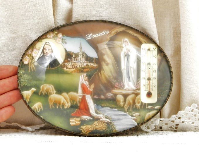 Vintage French Novelty Religious Thermometer with Picture of Bernadette Soubirous of Lourdes with Virgin Mary Apparition inside Domed Glass