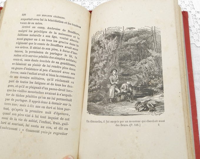 Antique French Historical Book Les Enfants Celebres Famous Children by E J Chaumette, Red Cover Gold and Blue Floral Pattern 6 Illustrations