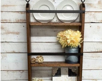 ON SALE Rustic ladder shelf, rustic shelf with hooks,rustic farmhouse shelf, cottage chic, home decor, industrial pipe shelf