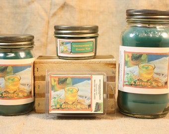 Clementine N Green Tea Scented Candle, Clementine N Green Tea Scented Wax Tarts, 26 oz, 12 oz, 4 oz Jar Candles or 3.5 Clam Shell Wax Melts