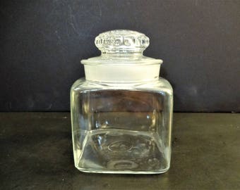 Vintage Glass Apothecary Jars - 4 inch - Square - Ground Glass Stopper - Thumbprint Lid - Kitchen Collectibles
