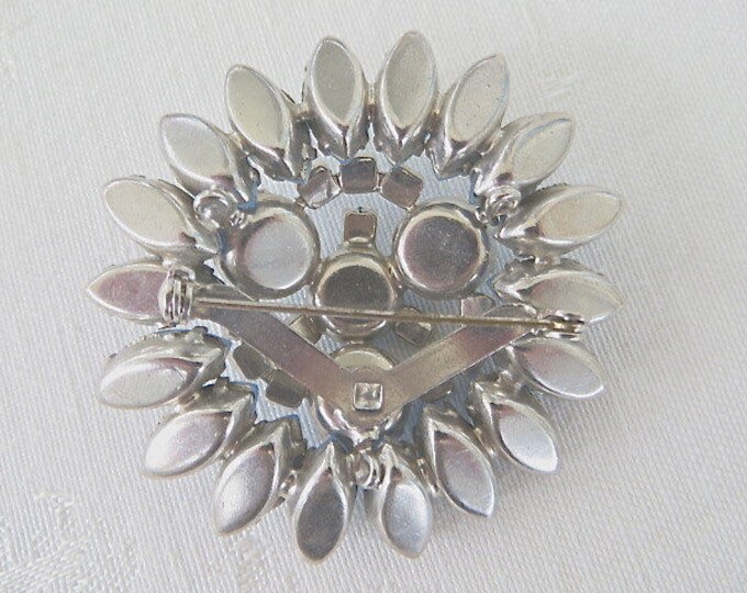 Vintage Brooch, Blue Moonglow Rhinestone Pin, Rhodium Setting, Starburst Celestial Jewelry