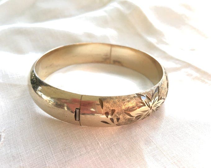 Victorian Bangle Bracelet, Gold Filled Etched Bangle, Etched Leaf Design, Antique Jewelry, Signed Marathon